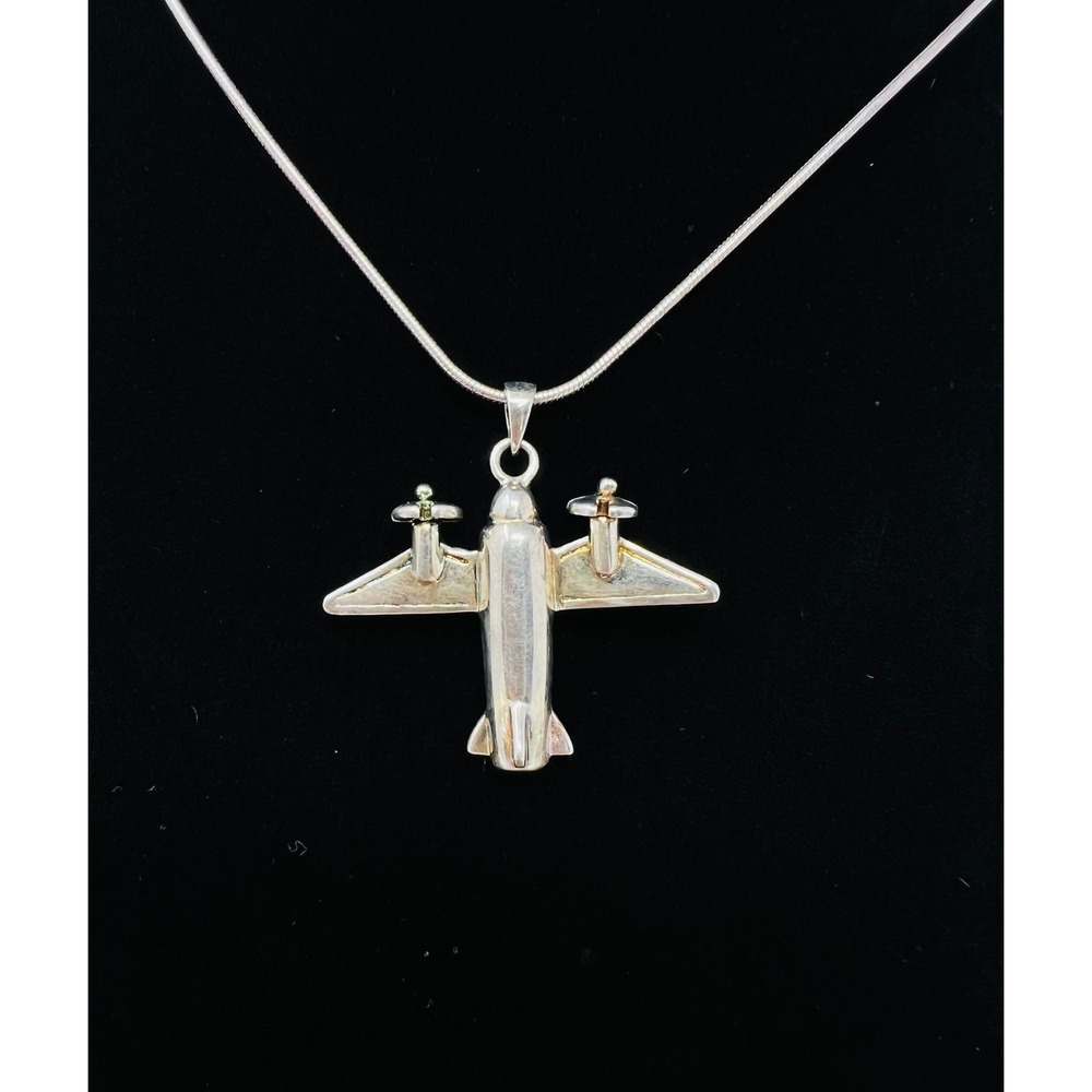 Vintage Sterling Silver Airplane Pendant Necklace 18in Snake Chain Italy - Picture 3 of 9